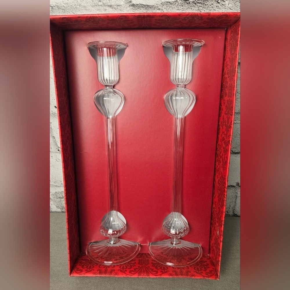 PC Y2K Ribbed Glass Candlesticks Set 12 Inch Clear Retro Table Decor - Picture 5 of 8